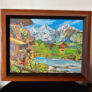 Original Acrylic Painting Alpine Village Landscape Mountains & River Signed 2003